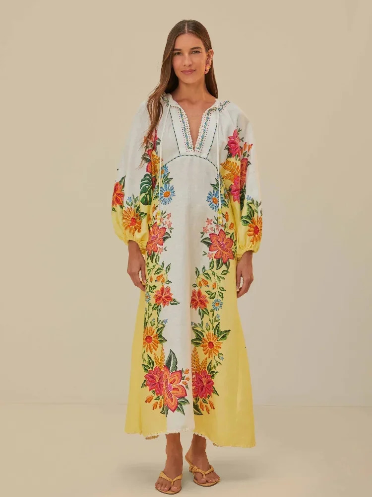 Fashion Flower Printed Lantern Sleeves Maxi Dress Women Causal Lace Up Loose Long Dresses 2024 Summer Lady Holiday Beach Vestido 240703
