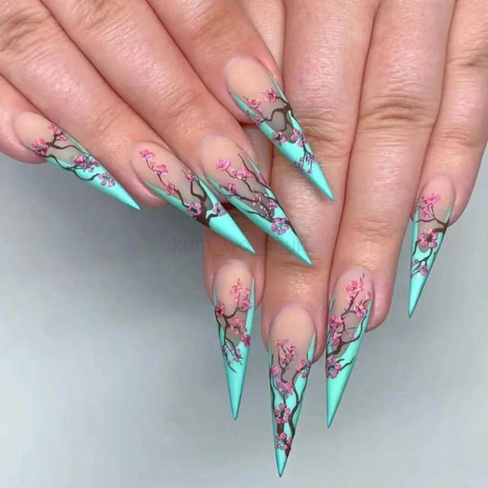 24pcs Plum Flower Press On Nails False Nail Tips Kit Full Cover Long Stiletto/Almond Acrylic Fake Nails Manicure DecorationsM240709