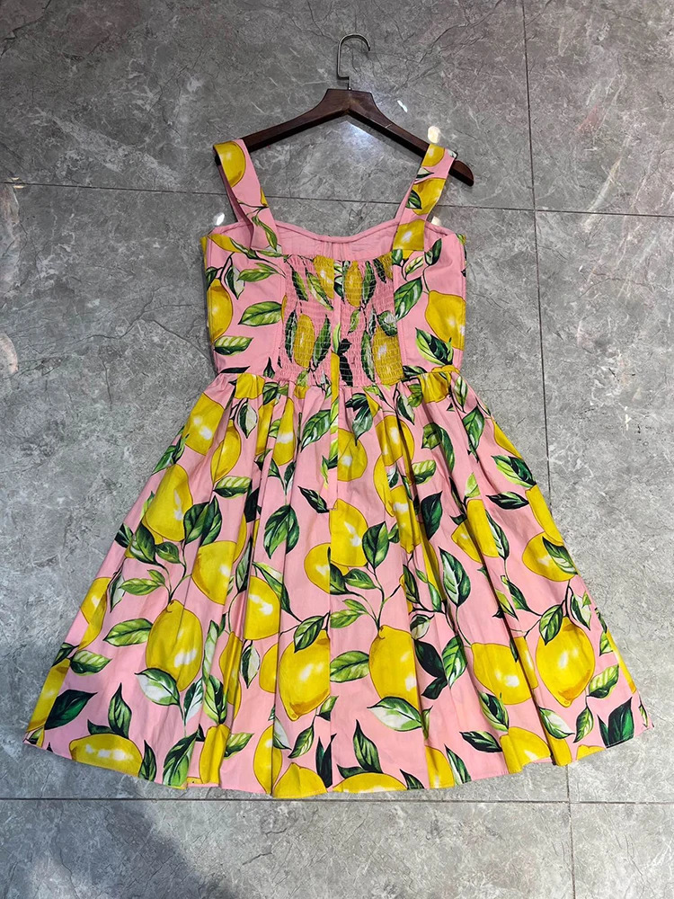 100% Cotton Women Dress Summer Beach Holiday Spaghetti Strap Lemon Printing Mini Vestidos High Street Princess 240703