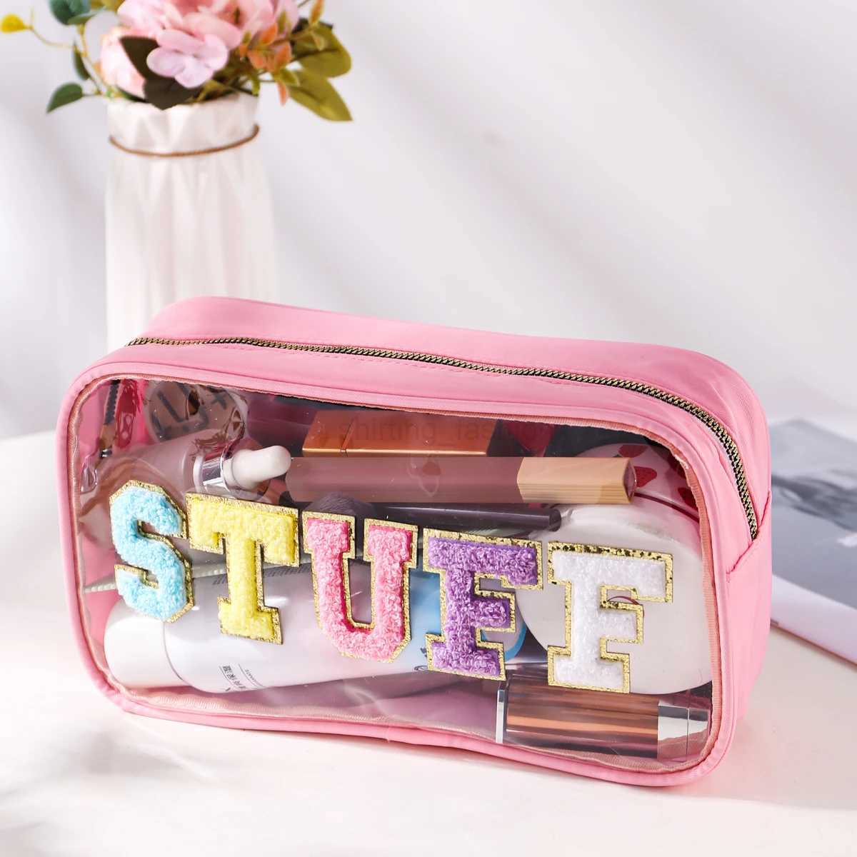 Women Girls Nylon Waterproof Glitter Chenille Letter Clear Patch Makeup Cosmetic Bag Travel Storage Pouch for Swim BeachCL240708