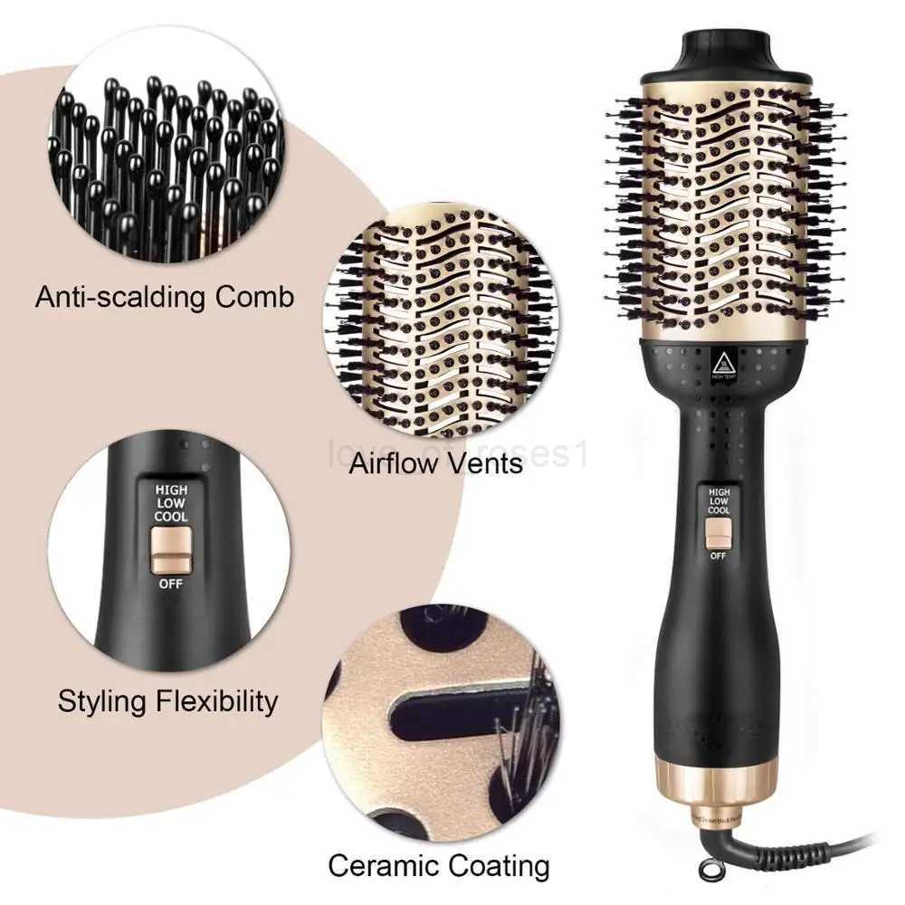 One Step Hair Dryer Volumizer Straightening Curling Magic Brush Gold Hot Air Dryer Brush Rotary Blower Tangle Detangling CombM240709