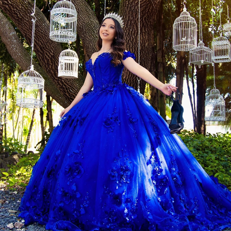 Royal Blue Ball Gown Quinceanera Dresses Off The Shoulder 3D wers Appliques Beads Tull Corset Sweet 16 Dress Vestidos De 15 Anos
