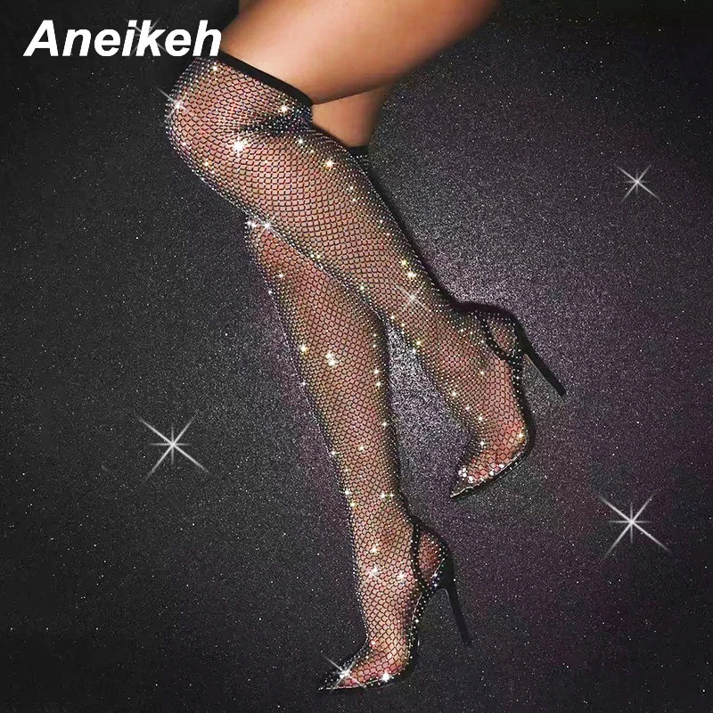 Aneikeh Sexy Bling Rhinestone Mesh Shoes Over The Knee Boots Women Pointed Toe Sandals Nightclub High Heels Botas Femininas 2024 240709