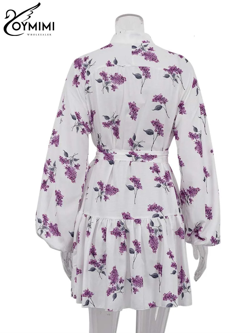 Oymimi Fashion White Stand Collar Womens Dresses Elegant Long Sleeve Print Dress Casual Button Lace-Up Pleated Dress Streetwear 240703