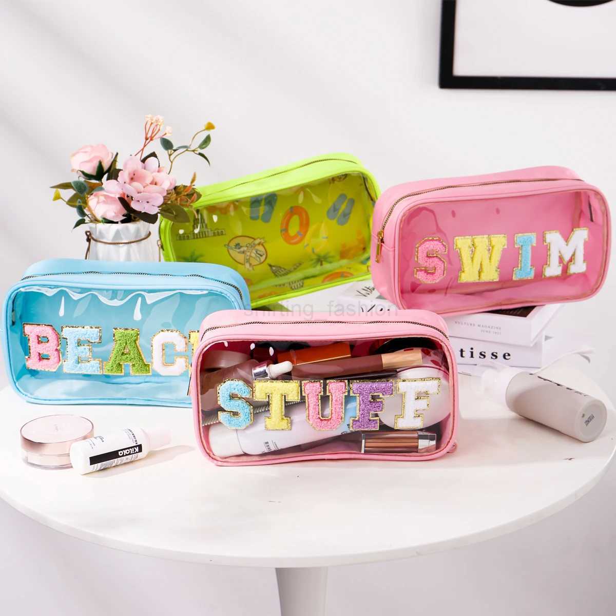 Women Girls Nylon Waterproof Glitter Chenille Letter Clear Patch Makeup Cosmetic Bag Travel Storage Pouch for Swim BeachCL240708