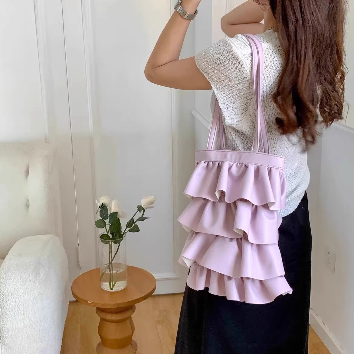 European and American retro original lace bag new Tote large capacity single shoulder bag cake skirt with pleats ruffled edges underarm