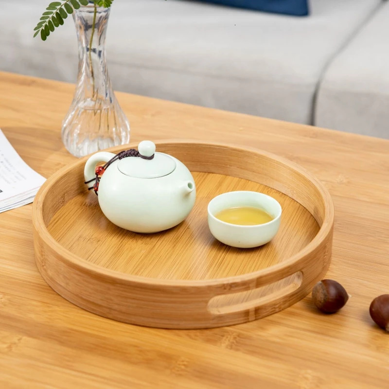 Bamboo Round Tea Tray Simple Wooden Storage Trays el Home Breakfast Dessert Food Serving Kitchen Supplies 240708