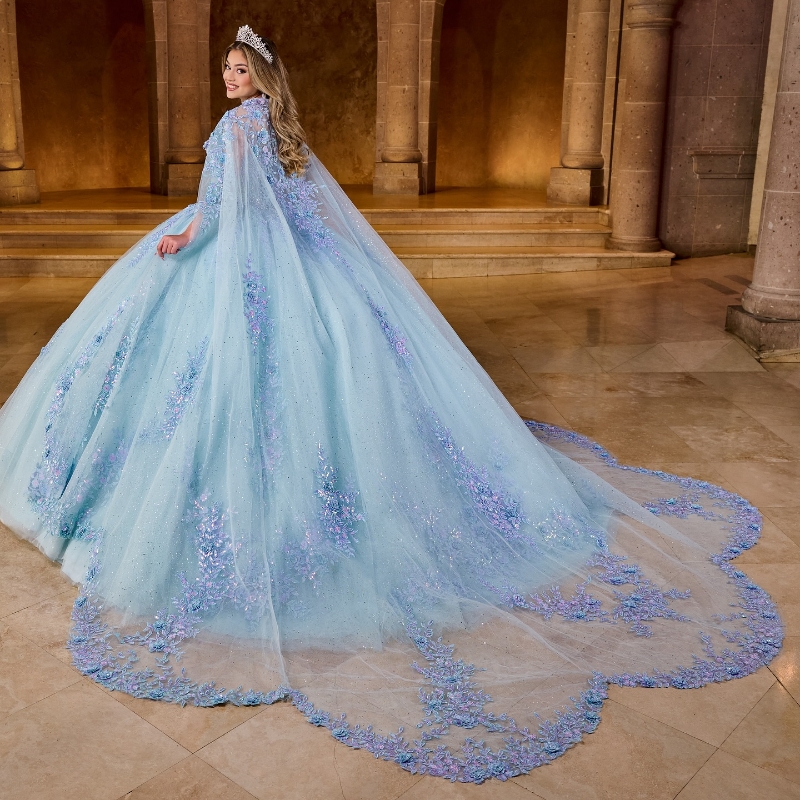 Sequined Appliques Beading Shiny Crystal Tull Ball Gown Quinceanera Dresses With Cape Corset Vestidos De 15 Anos