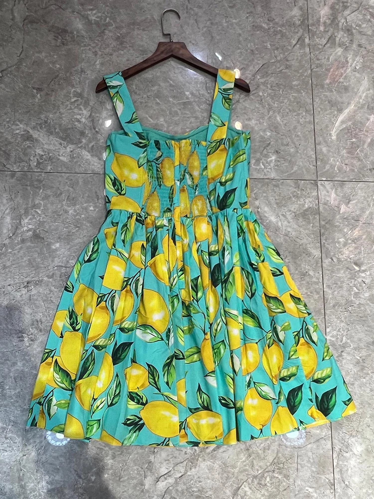 100% Cotton Women Dress Summer Beach Holiday Spaghetti Strap Lemon Printing Mini Vestidos High Street Princess 240703