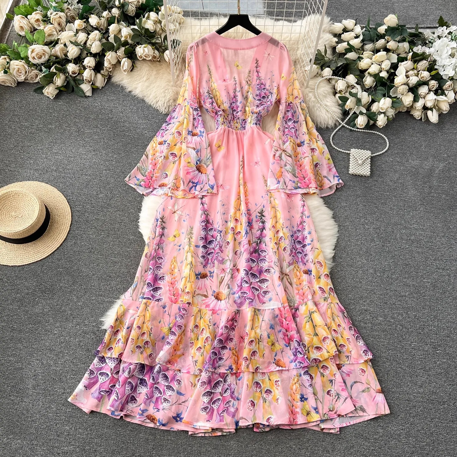 Summer Holiday Gorgeous Cascading Cake Dress Women Flare Sleeve V Neck Flower Print Buttons Chiffon Bohemain Robe Vestidos 6230 240703