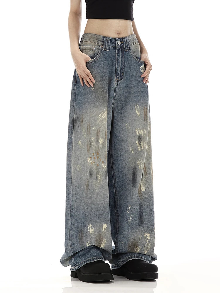 Womens Blue Jeans Harajuku Y2k Aesthetic Baggy Graffiti Denim Trousers Japanese 2000s Style Jean Pants Vintage Trashy Clothes 240626
