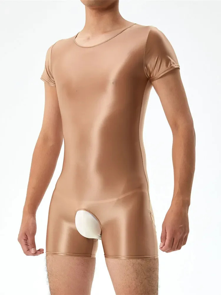 Sexy Mens Open Crotch Bodysuit Short Sleeve Oil Shiny Glossy Tights High Elastic Man Clothing Shapers Exotic Leotard 240703
