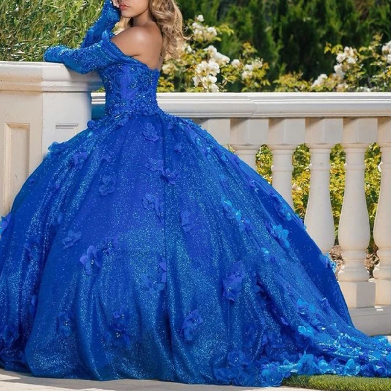 Naroyal Blue Quinceanera Dresses for Sweet 15 Year Off the Shoulder Long Sleeve 3D Flower Appliques Beading Princess Ball Gown