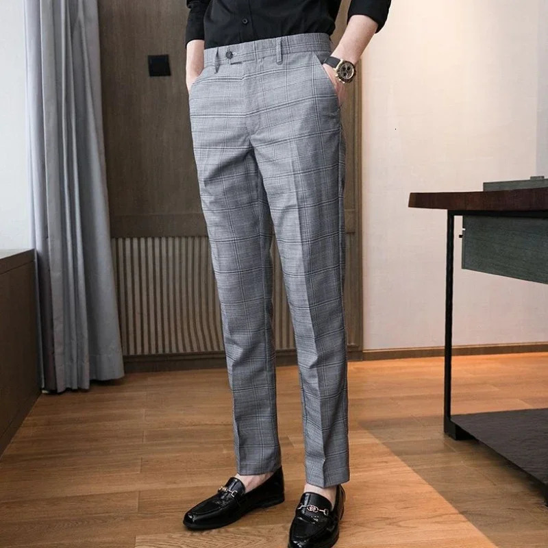 Slim Fit Social Man Suits Pants Tailoring Business Tressed Elastic Stretch Trousers for Men Dress Chinese Homme Summer Up 240708