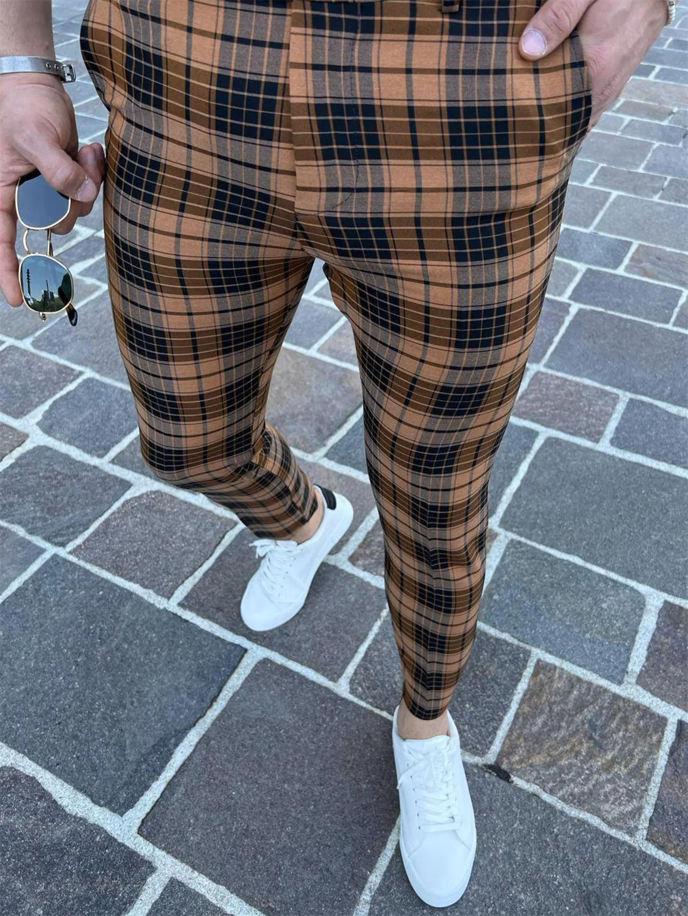 mens fashion plaid pants casual vintage style slightly stretch dress pants 240708