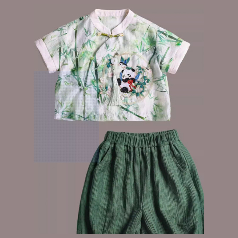 Customized children's summer new product, boys' new Chinese Hanfu, Tang suit, short sleeved two-piece set for siblings, children's perf