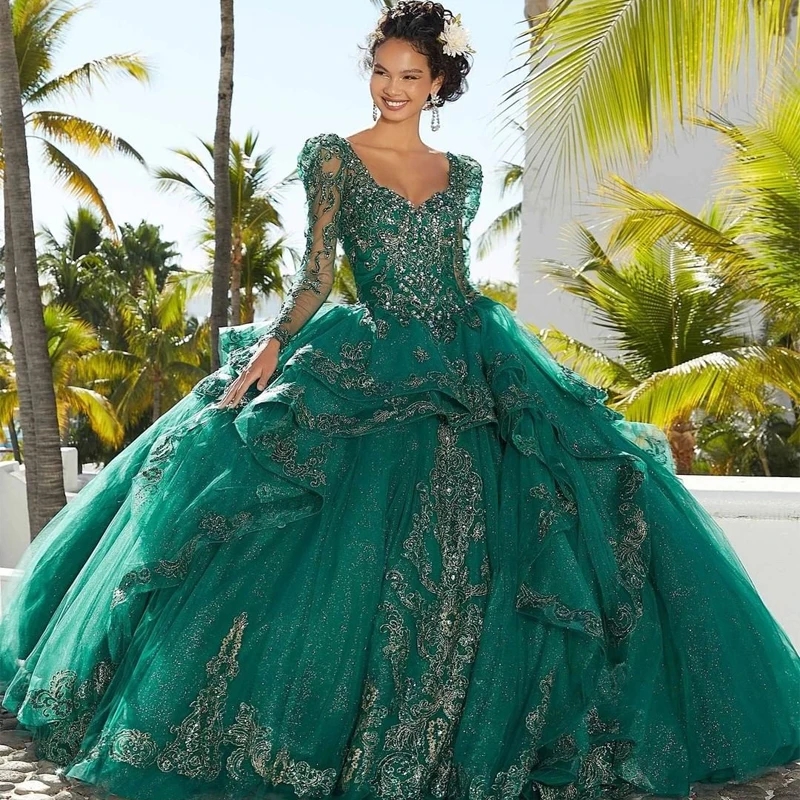 Emerald green Ball Gown Quinceanera Dresses Applique Lace Prom Graduation Gowns Lace Up Corset Princess Sweet 15 16 Dress