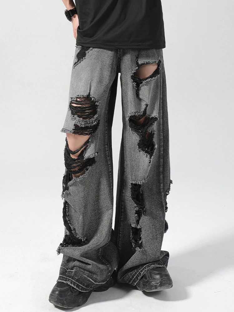 Vintage Y2K Ripped Jeans Men Streetwear Spring Summer Fashion Loose Straight Denim Pants Mens Trendy Hollow Out Wide Leg Jeans 240704