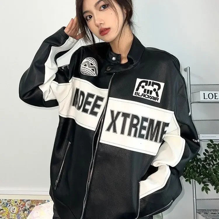 High Street Vintage Motorcycle Jacket Men Women Hip Hop Loose Patchwork Letter Print Racing Jackets Unisex PU Leather Coats 240704
