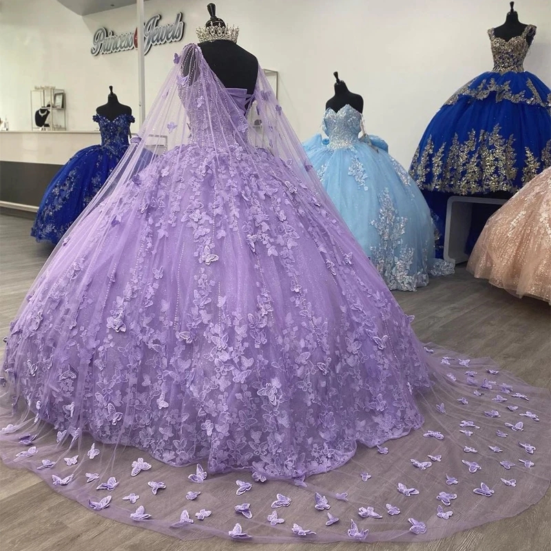 Lavender Formal Butterfly Ball Gown Quinceanera Dresses For Sweet Girl Sequin Beading Appliques Tull Party Vestidos De 15 Anos