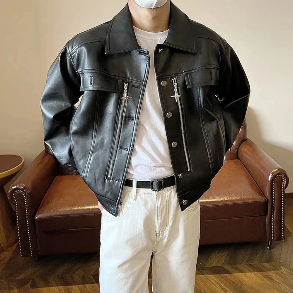Mens Y2k Biker Metal Zipper Decorated Pu Leather Jacket Genderless Autumn Winter Fashion Street Retro Loose Casual Jacket Unisex 240703