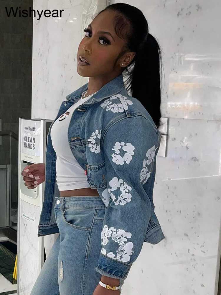 Women's Jackets Womens fashion lapel long sleeved single breathing denim jacket street clothing printed denim jacket club top jacket J240708