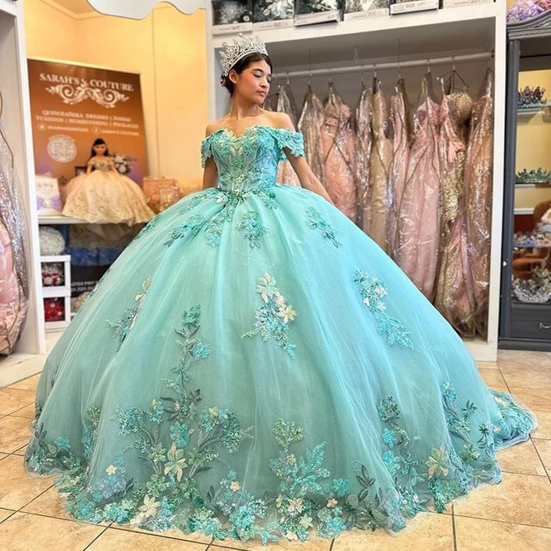 Mint Green Sweetheart Quinceanera Dresses For 15 Party Princess 3DFlower Appliques Tulle Lace Birthday Party Dress Gradient Ball Gown