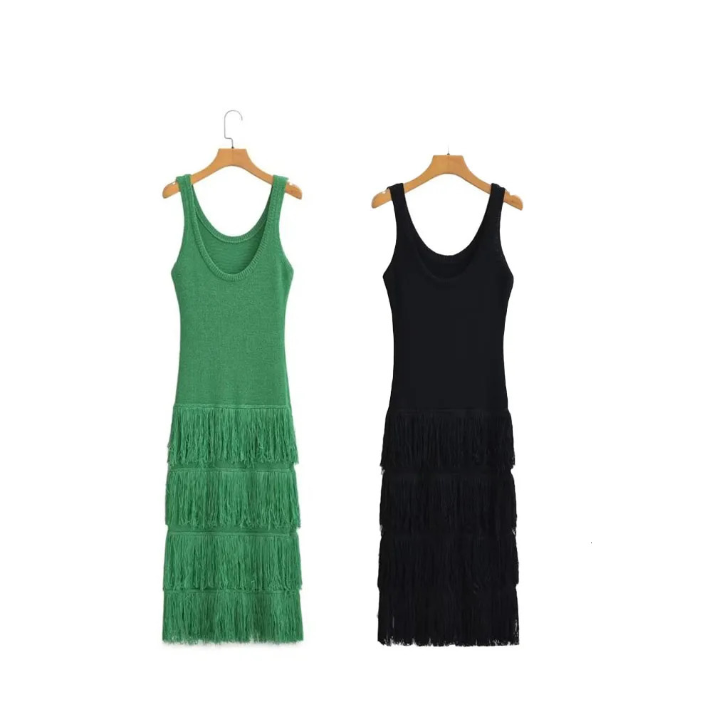 Autumn Womens Tank Top Skirt Long Sleeveless French Fringe Detail Knitted Dress 240701