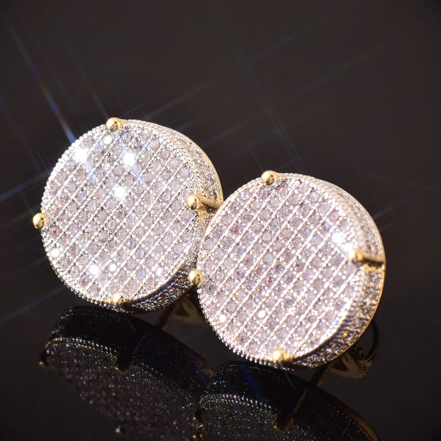 Hello hip-hop 14MM Big Round Stud Earring Screw Back Iced Out Cubic Zirconia Men Women Earrings Gold Color Hip Hop Jewelry Fashion Gift