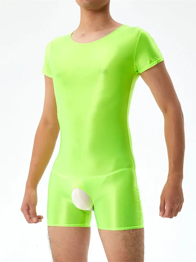 Sexy Mens Open Crotch Bodysuit Short Sleeve Oil Shiny Glossy Tights High Elastic Man Clothing Shapers Exotic Leotard 240703