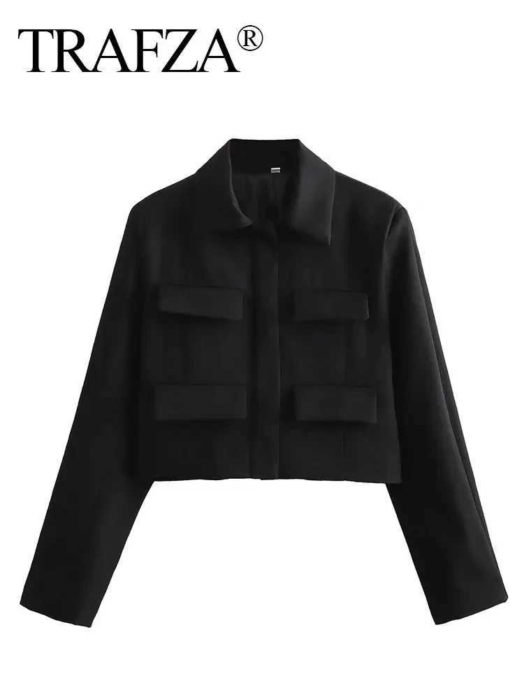 Women's Jackets TRAFZA 2024 Spring New Womens Short Coat Elegant Solid Long Sleeve Front Flap Pocket Womens Jacket J240708