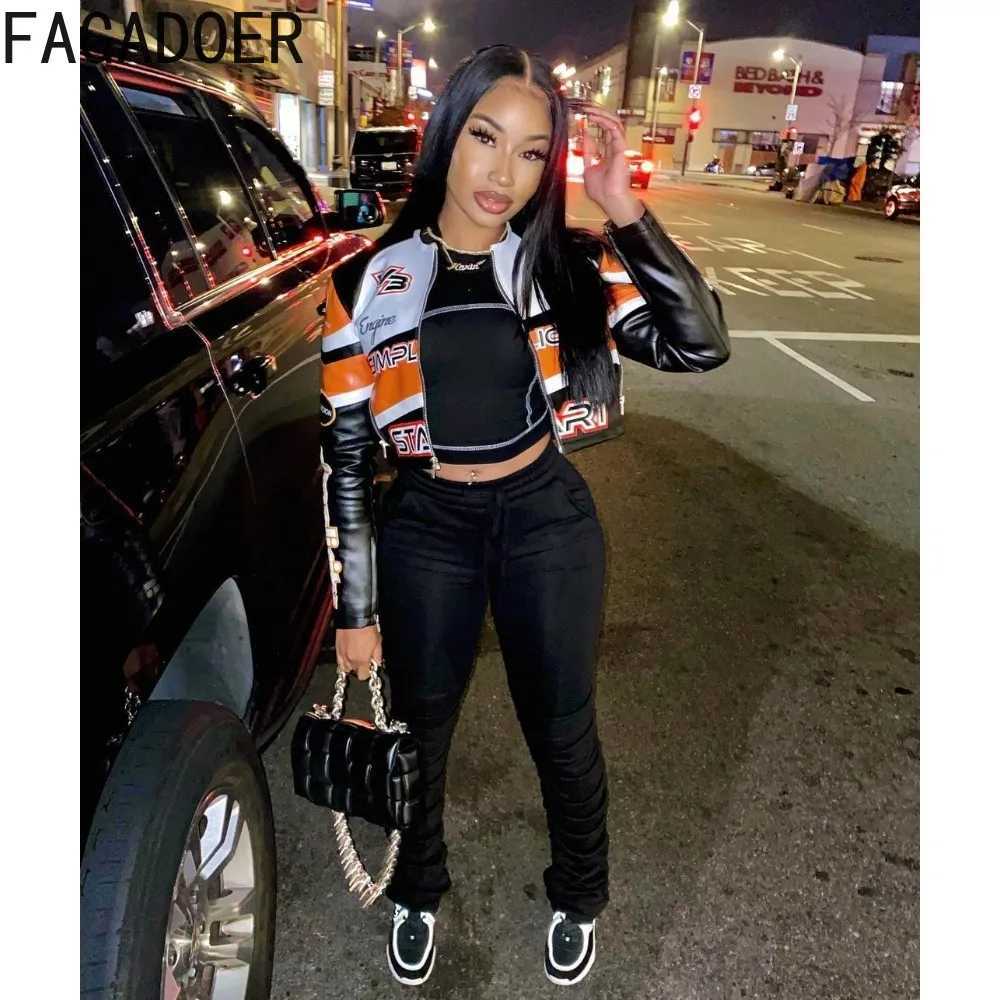 Women's Jackets FAGADOER Fashion Street Style Womens PU leather long sleeved zippered crop jacket Womens letter printed patchwork ultra-thin jack