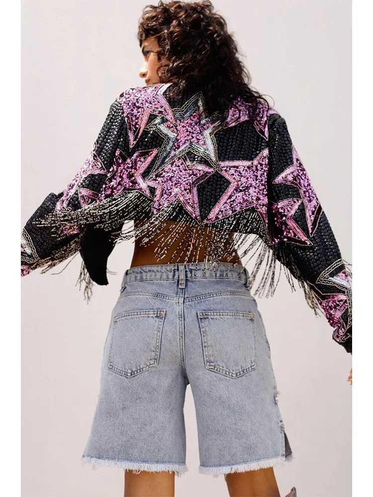 Women's Jackets 2024 Spring Womens Coat with Tassel Star Pattern Jacket Fur Edge Long Sleeve Open Front Punk Gothic Cut Coat J240708