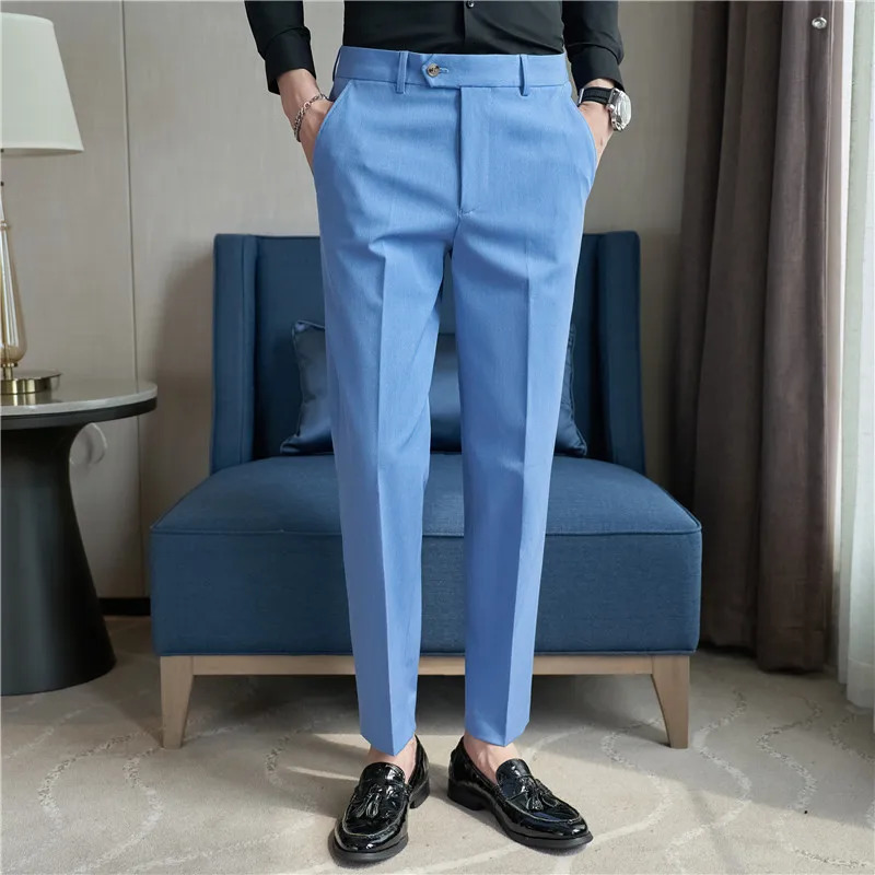 Autumn Men Blue Suit Pants Casual Elastic Slim Fit Formal Dress White Trousers Pantalon Homme Wedding Party Men Clothing 240708