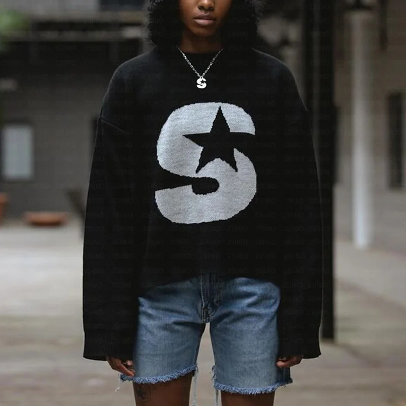 Streetwear Gothic Sweater Mens Knitted Sweaters Y2K Womens Pullover Top Vintage Punk Kpop Clothing Winter Warm Knitwear 240701