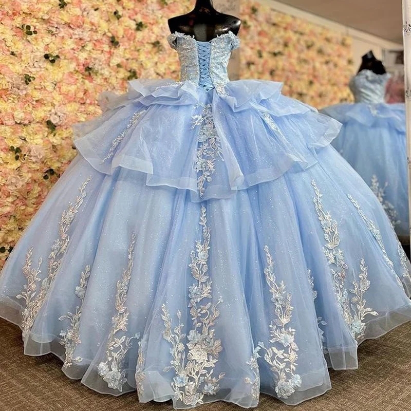 Sky Blue Vestidos De Anos Quinceanera Dresses Glitter Tulle Appliqued Lace Beading Sweet 16 Princess Birthday Party Gowns