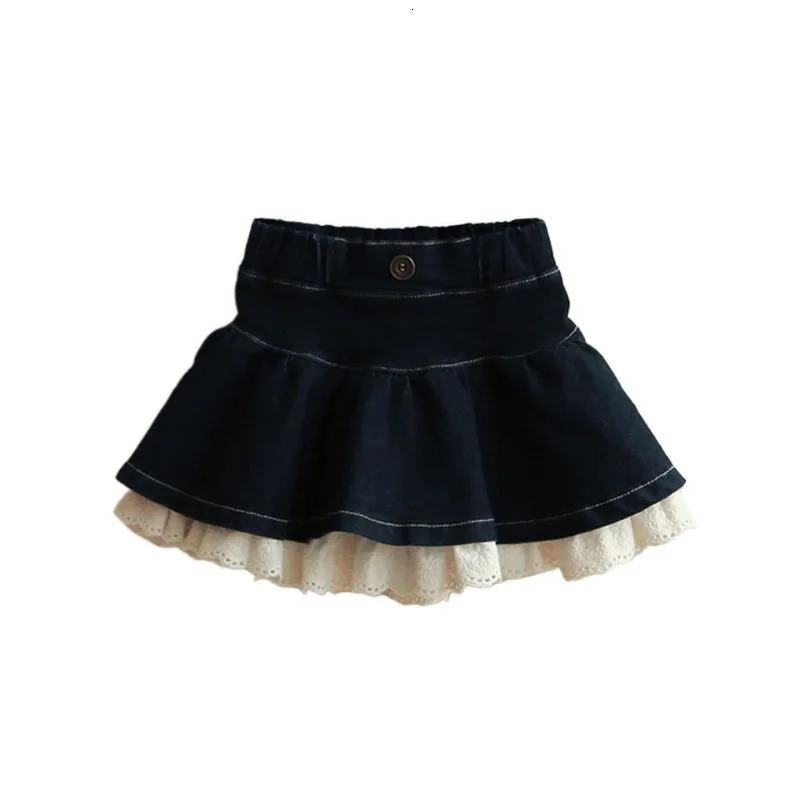 Korean Style Spring Autumn Kids Girl Skirt Lace Denim Patchwork Hollow Out High Waist Short Skirts Children Clothing H030 240703