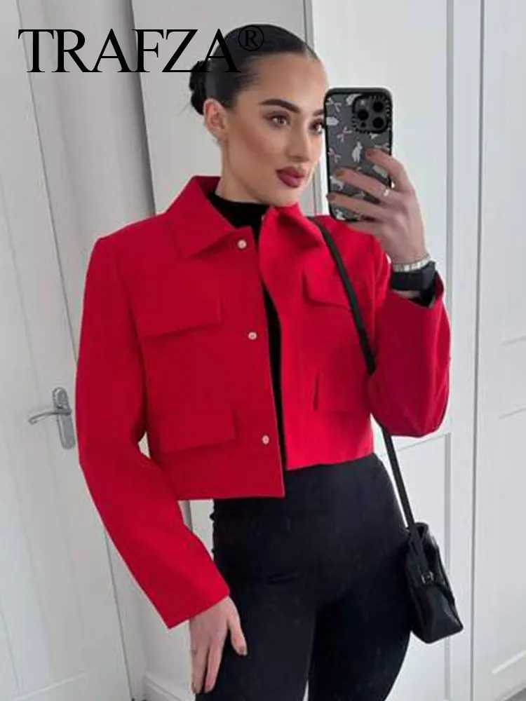 Women's Jackets TRAFZA 2024 Spring New Womens Short Coat Elegant Solid Long Sleeve Front Flap Pocket Womens Jacket J240708