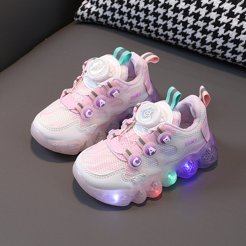 Rotating buckle children's sports boys, girls, breathable mesh for middle and young children, running shoes, illuminated shoes F710-35