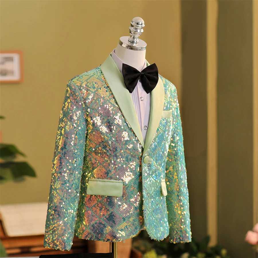 Suits Boys High End Formal Sequins Suit Childrens Korean Host Dress Catwalk Party Photogray Costume Kids Green Jackets