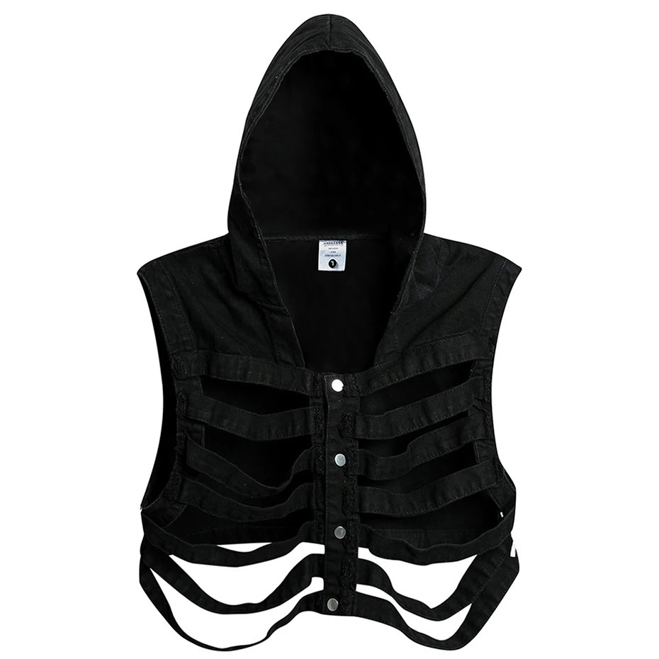 Skeleton Hooded Denim Vest Men Techwear Darkwear Blue Black Jeans Vests Streetwear Harajuku Hip Hop Vest Y2K Tops 240704