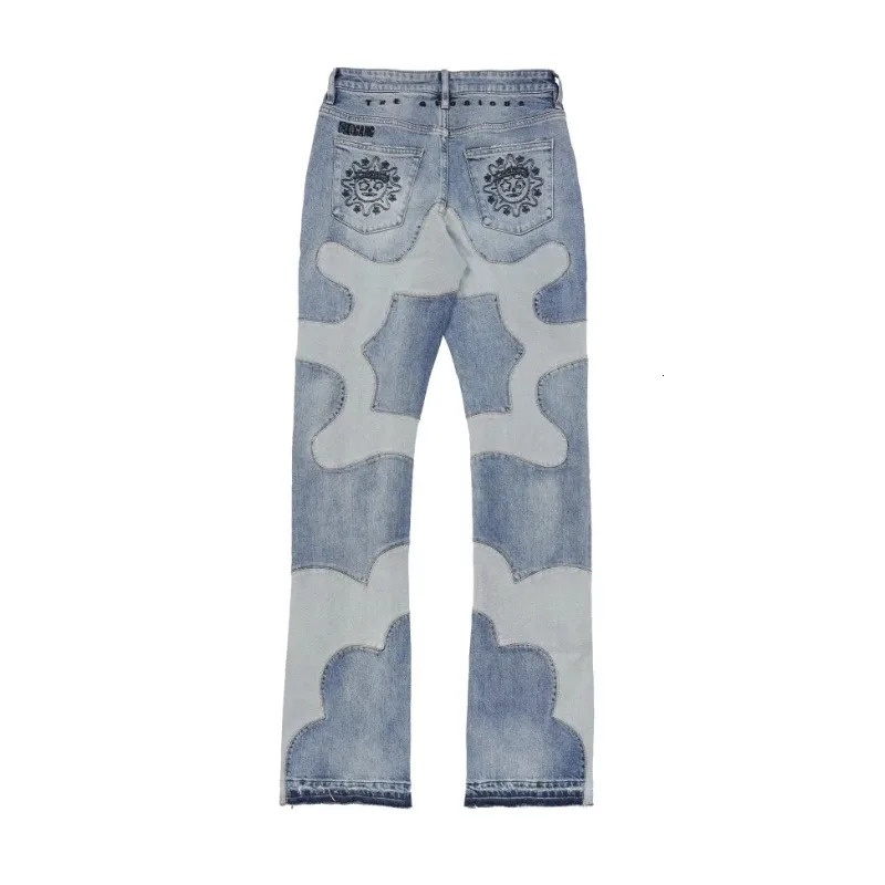 American Fashion High Street Patchwork Pattern Embroidered Jeans Men Y2K Punk Harajuku Straight Leg Jeans Denim Flare Pants 240708