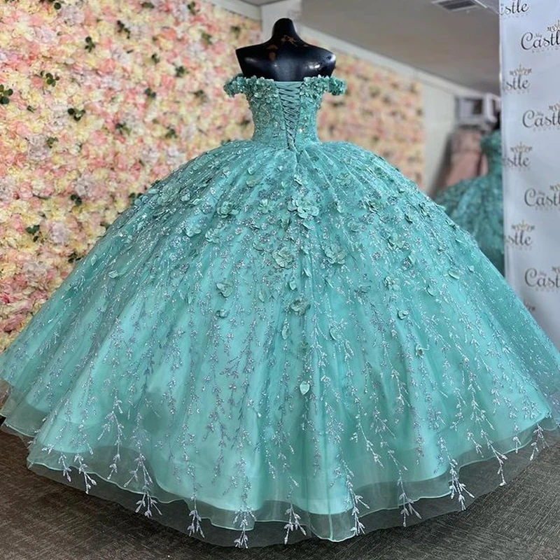 Aqua Blue Shiny Quinceanera Sweet 16 Dresses Lace Applique 3D Flower Off Shoulder Lace-up Prom Ball Gowns Vestido De 15 Anos