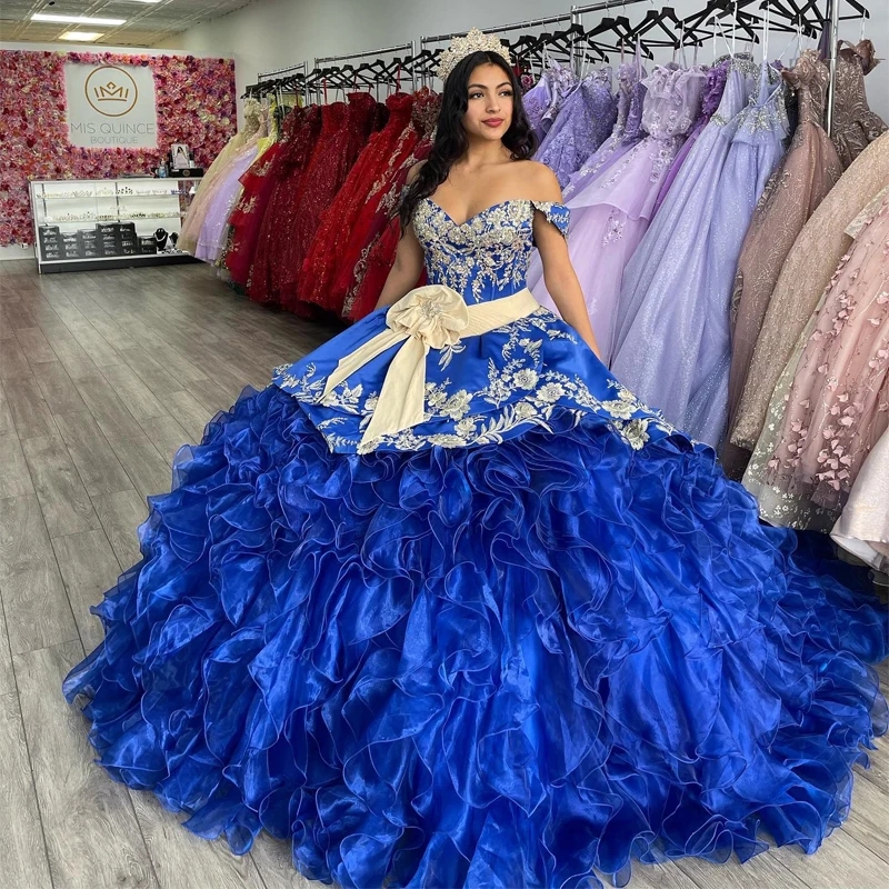 vestidos de 15 anos Navy Blue Mexican Quinceanera Dresses Applique Off the Shoulder Sweet 16 XV Festa Graduation Dress