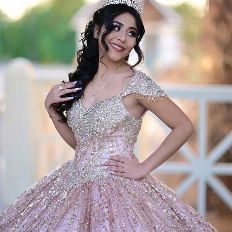 Blush Pink Quinceanera Dresses Beading Ball Gown For Sweet 16 Dress Bow Sequined Graduation Party Princess Gowns Vestido De 15