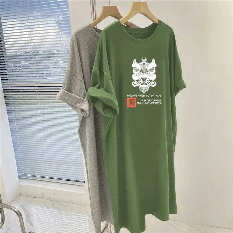 Women Clothing Short Sleeve O-neck Pullover Dress Summer Straight Chic Y2k Printed Dresses Casual Loose Cotton Tunics 240703