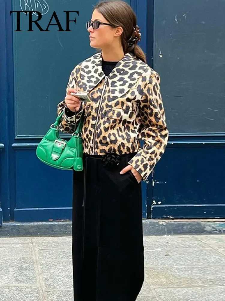 Women's Jackets TRAF retro casual womens jacket with leopard print zipper lapel short jacket new fashion 2024 spring holiday jacket J240708