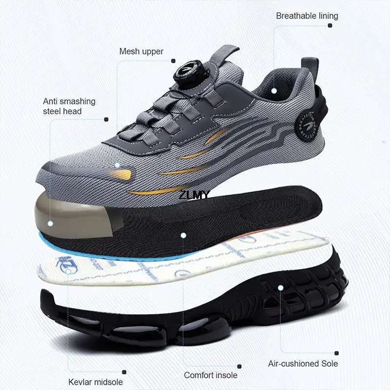 ZLMY Anti-slip Safety Shoes Men Steel Toe Sneaker Puncture Proof Rotary Button Safety Work Boots Man Sport Work Shoes Anti-smash 240703