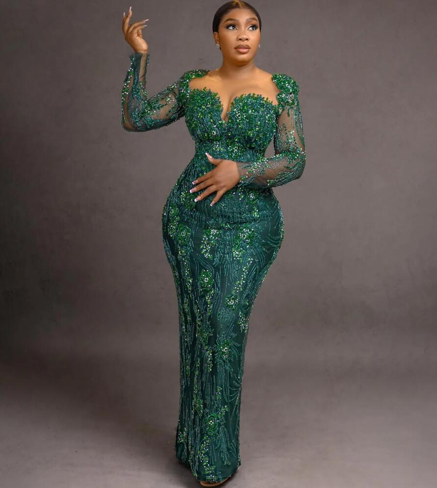 2024 Aso Ebi Dark Green Mermaid Prom Dress Crystals Beaded Lace Evening Formal Party Second Reception 50th Birthday Engagement Gowns Dresses Robe De S