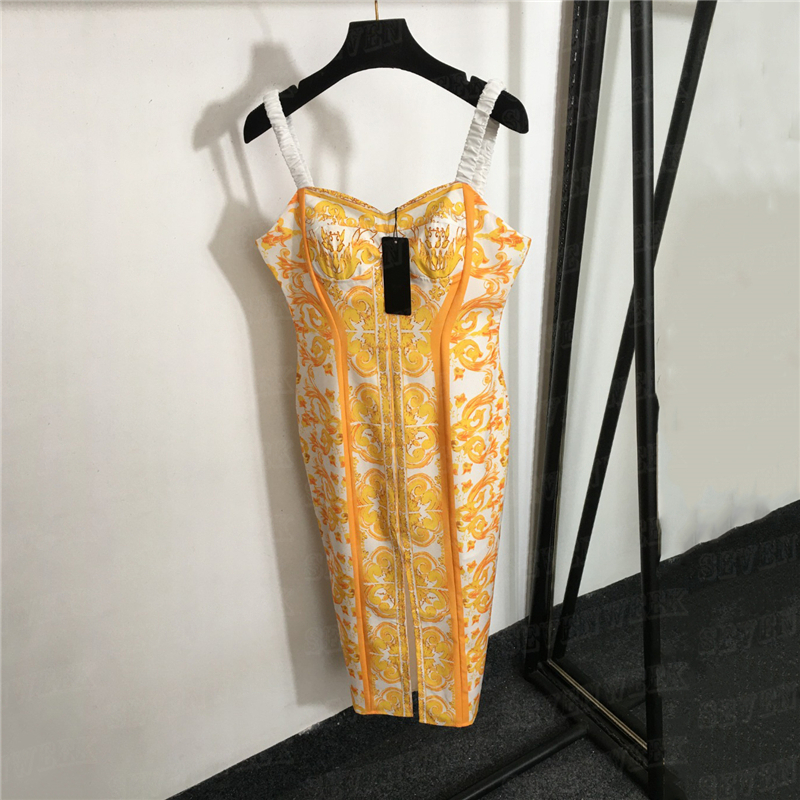 Vintage Print Sling Skirts Dresses For Women Designer Split Sexy Skirt Charming Lady Dress Beach Party